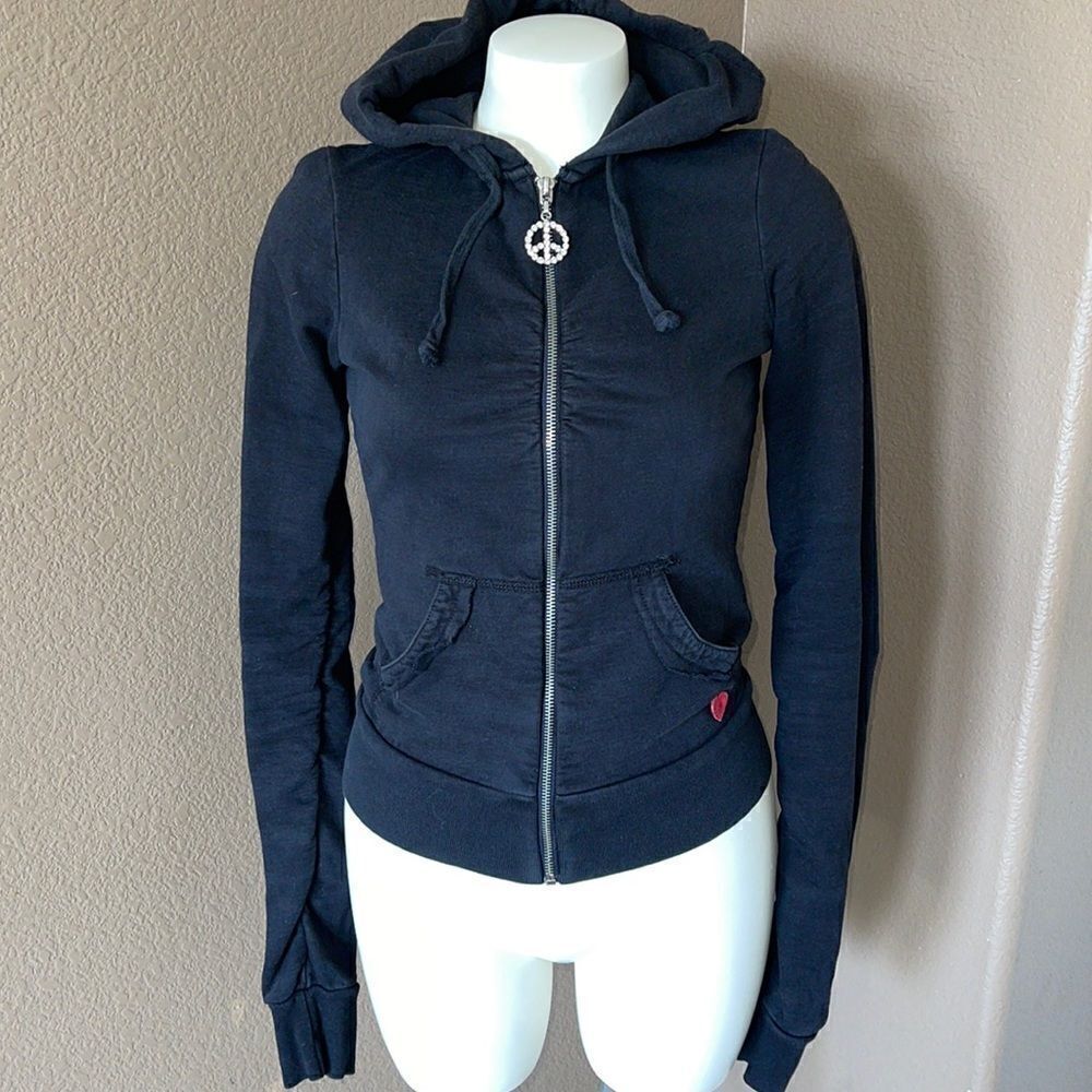 Vintage Twisted heart black zip up hoodie Swarovski peace sign size s
